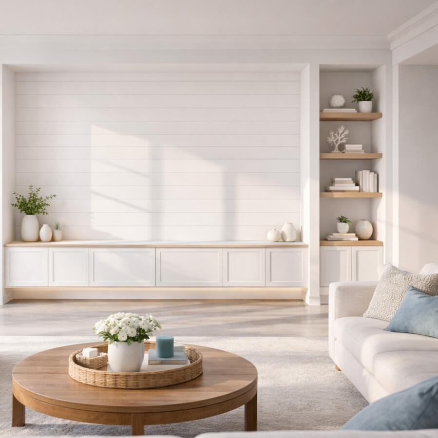 Untitled White shiplap accent wall with white oak built-in shelves in Cape Coral coastal living room