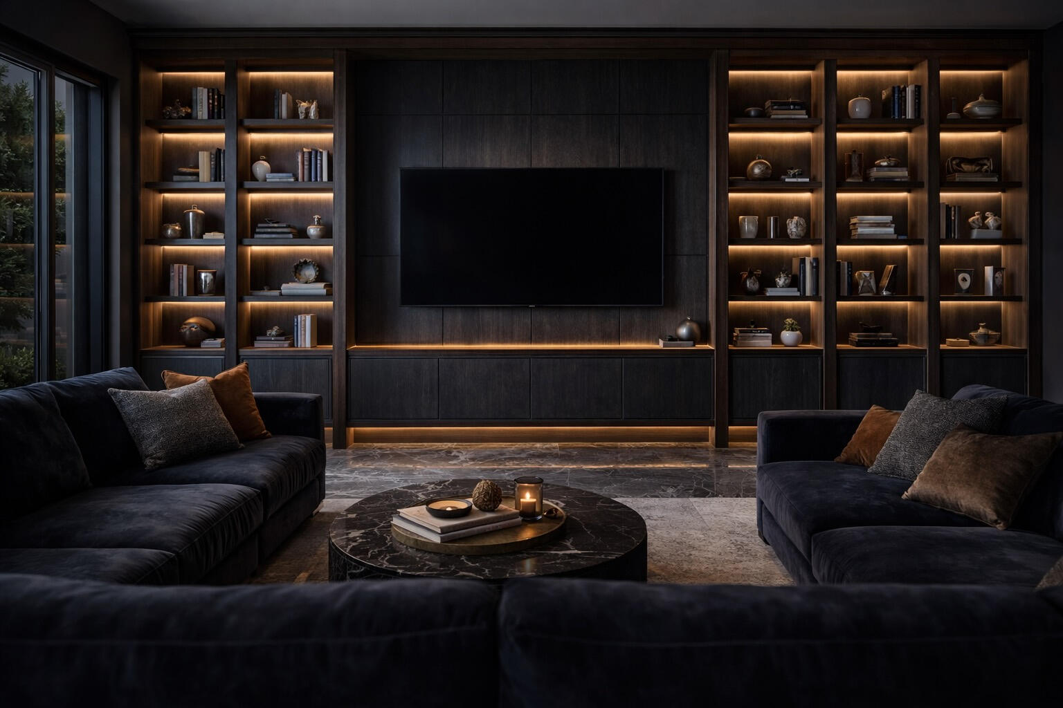 Floor to ceiling built-in library and media wall with LED lighting in Cape Coral home