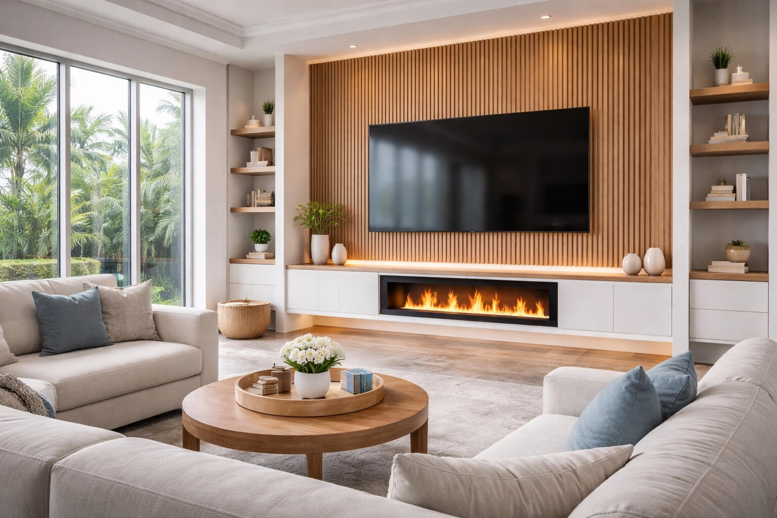 Custom TV media wall with oak slats, linear fireplace and LED lighting in Cape Coral Florida