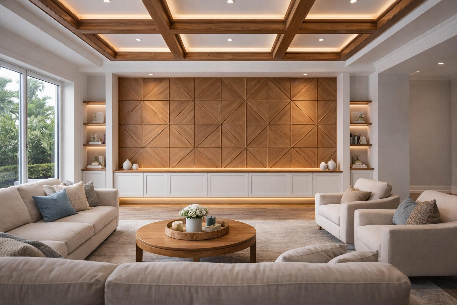Geometric accent wall with matching coffered ceiling and wood beams in Cape Coral Florida